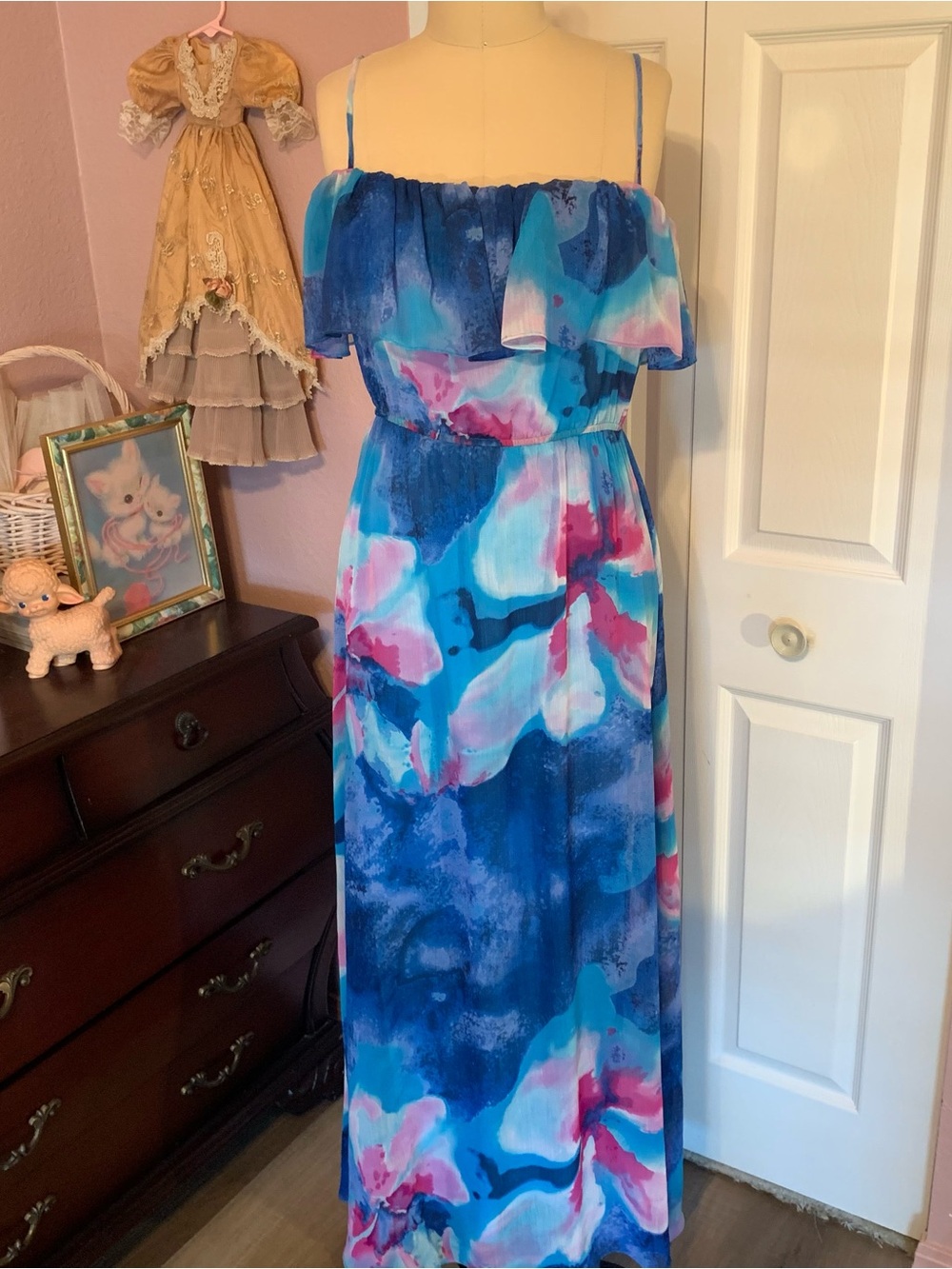 BISOU BISOU Blue and Pink Watercolor Floral Maxi Dress